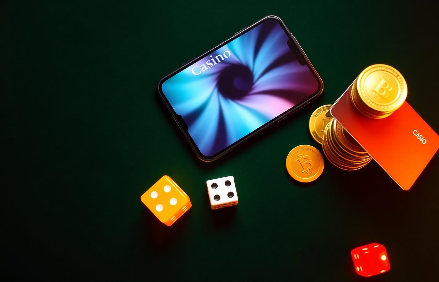 Móvil con interfaz de casino junto a fichas doradas y dados, ilustrando los bonos de bienvenida en casinos sin licencia en España