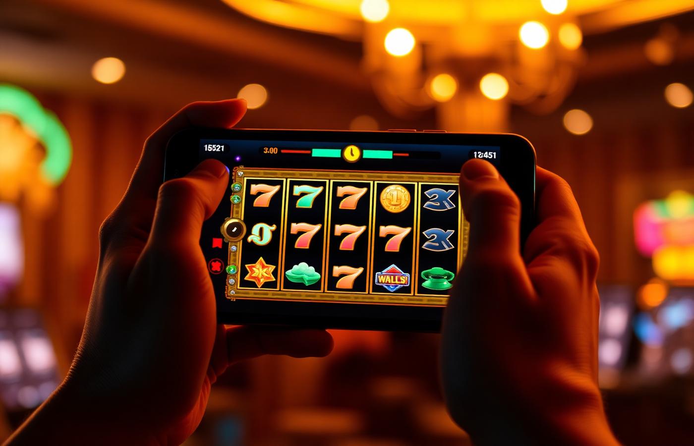 Jugador sujeta un móvil con una tragaperras de rodillos brillantes, experiencia de casinos nuevos sin licencia en España desde smartphone