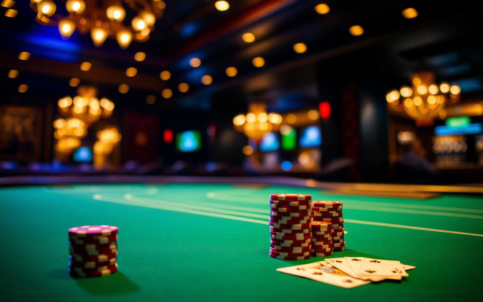 Mesa de casino con fichas y cartas iluminada por lámparas doradas, referencia visual de los mejores casinos sin licencia en España en 2026