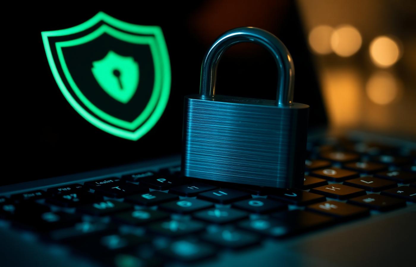 Candado metálico sobre teclado con escudo verde de seguridad, símbolo de seguridad y licencias en casinos online sin licencia en España